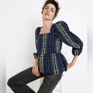 NWT Madewell Lightspun Millbrook Puff-Sleeve Peplum Top in Geo Print